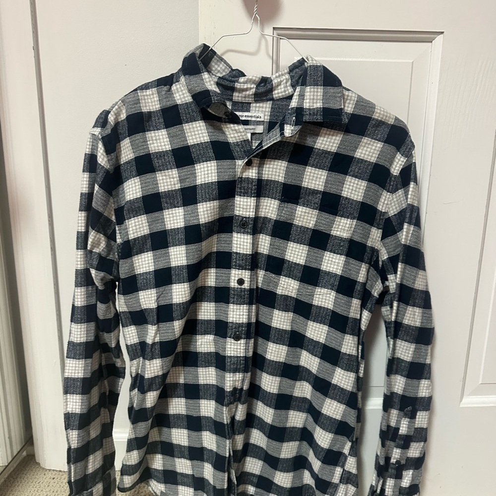 Amazon Men's Black and White Plaid Casual Button Down Shirt